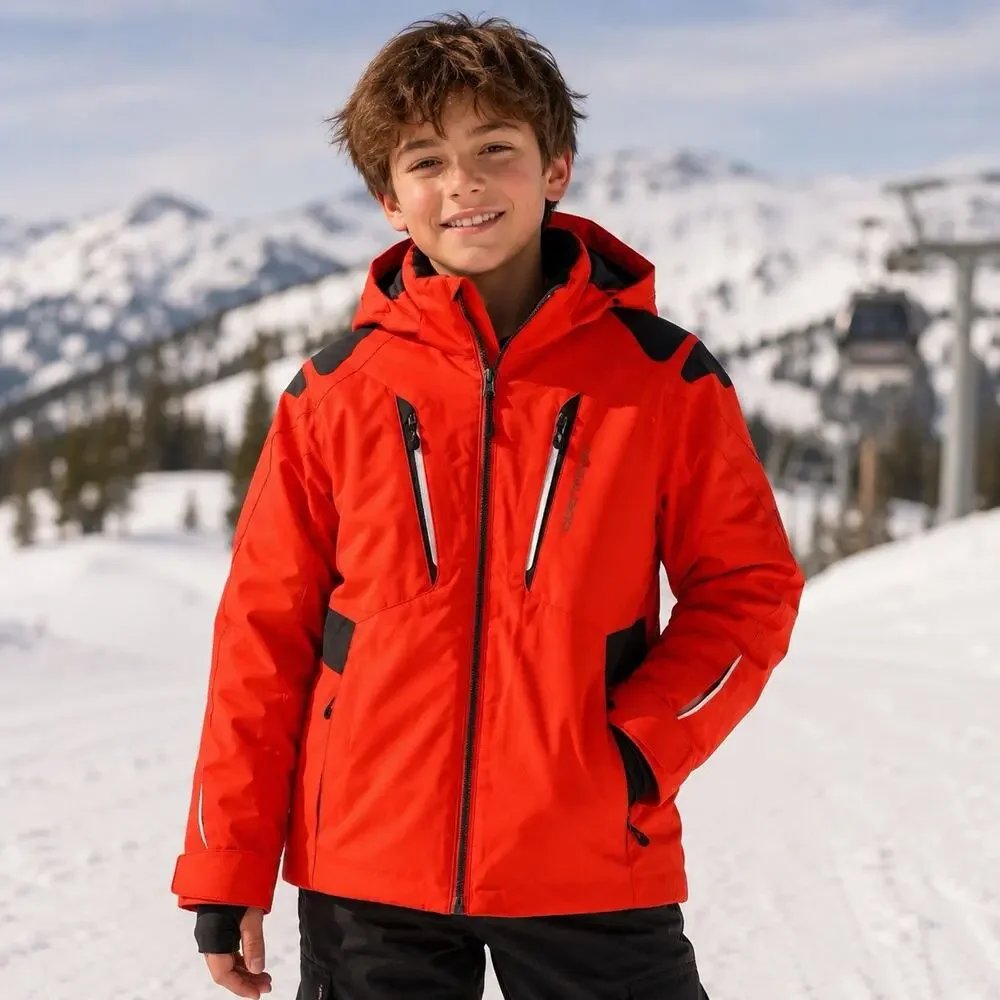Obermeyer Ski Jacket Boys M 10-12 Red Black RECCO Snowboard Winter Hooded Bright